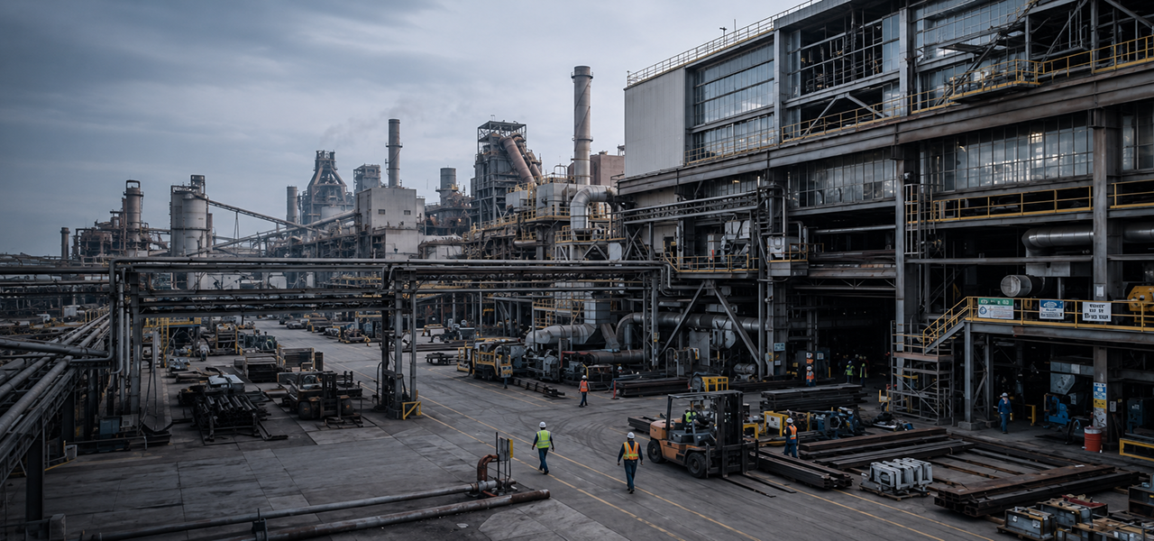 Industrial steel plant with workers on site