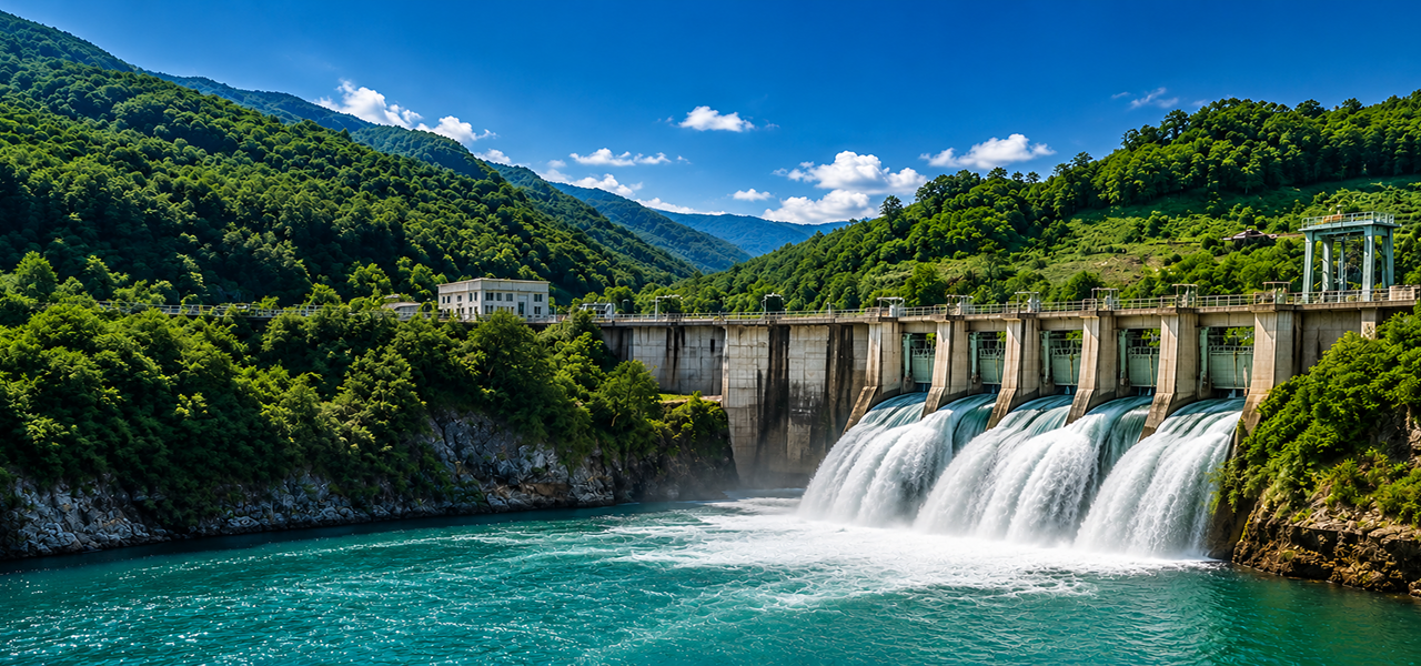 Hydroelectric dam releasing water through spillways in a green valley