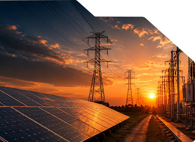 Wind turbine and solar panels at sunset